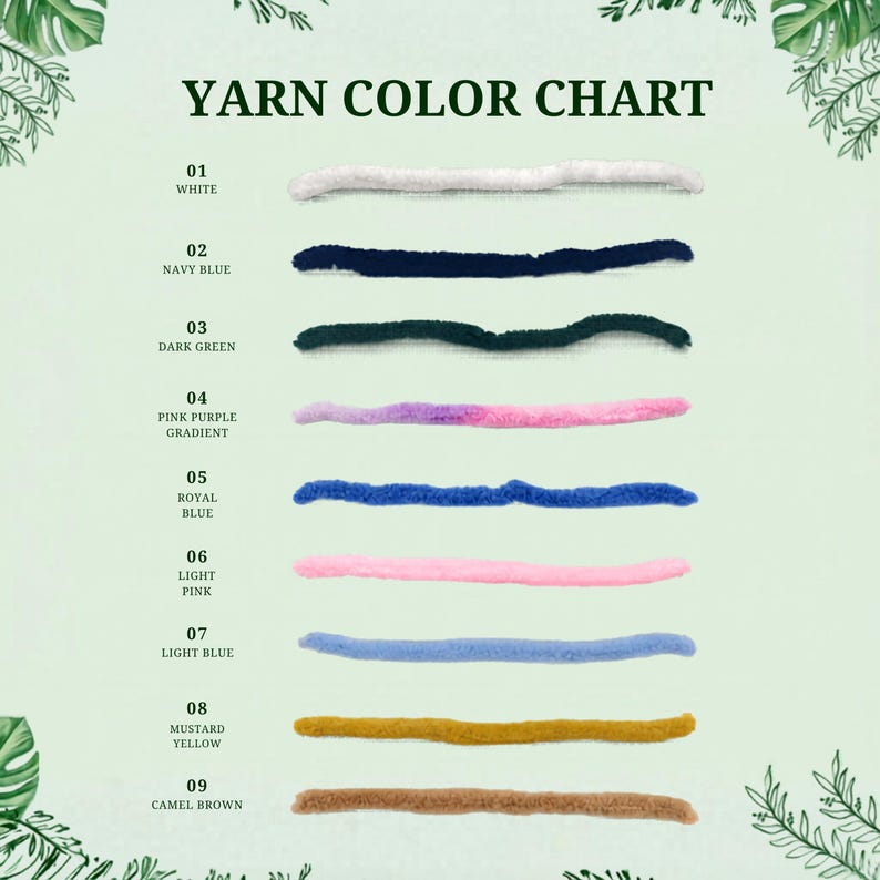 May include: A yarn color chart featuring nine horizontal strands of yarn in various colors labeled 01 white, 02 navy blue, 03 dark green, 04 pink purple gradient, 05 royal blue, 06 light pink, 07 light blue, 08 mustard yellow, and 09 camel brown.