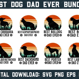 Könnte beinhalten: Ein digitales Download-Paket mit 8 Retro-Illustrationen, die verschiedene Hunderassen mit dem Text "Bester [Rasse] Papa aller Zeiten" zeigen. Jede Illustration zeigt eine Silhouette einer Hunderasse vor einem Sonnenuntergangs-Hintergrund mit einer Waldszene im Vordergrund. Der Text "Bester Hundepapa aller Zeiten Bundle" erscheint oben im Bild und der Text "Digitaler Download: SVG PNG EPS DXF" erscheint unten.