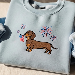 Dachshund 4th of July Shirt, Embroidered Dog Mom Patriotic Tee, USA Flag Sweatshirt, Independence Day Gift, Custom Dog Breed Top