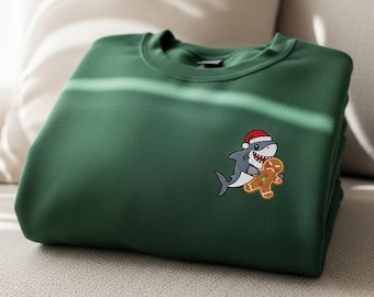 Bestickter Hai Weihnachtssweatshirt, lustiges WeihnachtsHai-Shirt, niedliches Weihnachtsgeschenk, Feiertags-Ozean-Liebhaber-Pullover, Lebkuchenhai-T-Stück