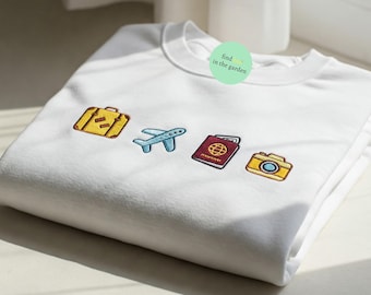 Sudadera bordada para amantes de los viajes, cuello redondo Wanderlust, jersey Vacation Mode, regalo para jet set, camiseta Adventure Icons, entusiasta de los viajes