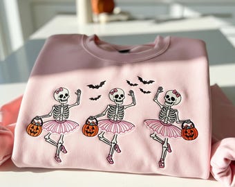 Pink Ballerina Skeleton Halloween Sweatshirt, Cute Dancing Skeleton Crewneck, Spooky Season Ballet Sweater, Funny Fall Pumpkin Hoodie Gift