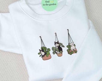 Sudadera bordada con gato colgando plantas, sudadera de cuello redondo bordada con gato en macetas, sudadera bordada con capucha para mamá jardinera, regalo para amantes de las plantas