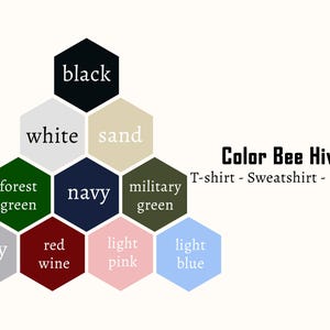 K&ouml;nnte beinhalten: Eine Farbpalette mit 12 verschiedenen Farben, die in einem Wabenmuster angeordnet sind. Die Farben sind Schwarz, Wei&szlig;, Sand, Waldgr&uuml;n, Marineblau, Milit&auml;rgr&uuml;n, Grau, Rotwein, Hellrosa und Hellblau. Der Text "Color Bee Hive" und "T-shirt - Sweatshirt - Hoodie" befindet sich oben auf der Farbpalette.