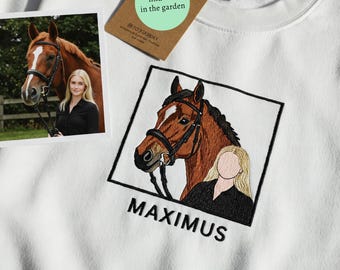 Custom Horse Portrait Embroidered Sweatshirt from Photo, Personalized Pet Shirt, Horse Lover Gift, Custom Hoodie for Rider or Friend