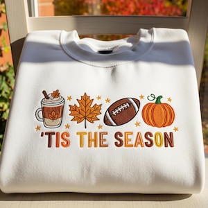 Tis The Season Embroidered Sweatshirt, Fall Pumpkin Spice Shirt, Cute Autumn Football Sweater, Cozy Halloween Crewneck, Thanksgiving Gift