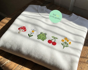 Embroidered Cottagecore Frog Sweatshirt, Outdoor Sweater, Strawberries Shirt, Mushroom Tshirt, Camping Granola Girl Hoodie, Duck Crewneck
