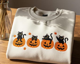 Sudadera de Halloween con bordado de gatos negros y calabazas, linda y espeluznante camiseta de otoño para mujer