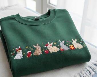Embroidered Christmas Bunny Sweatshirt, Rabbit Lover Holiday Sweater for Women, Cozy Winter Xmas Bunny
