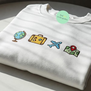 Gesticktes Reisesymbol Minimalistisches Sweatshirt, Reiseliebhaber Rundhalsausschnitt, Urlaubsmodus Pullover, Mädchen Reise Geschenk, Abenteuer Symbol Pullover