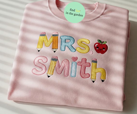 Custom Teacher Name Embroidered Sweatshirt, Teacher Appreciation gift, Crayon Teacher Sweater, Back to School Gift, Personalized Teacher Tee