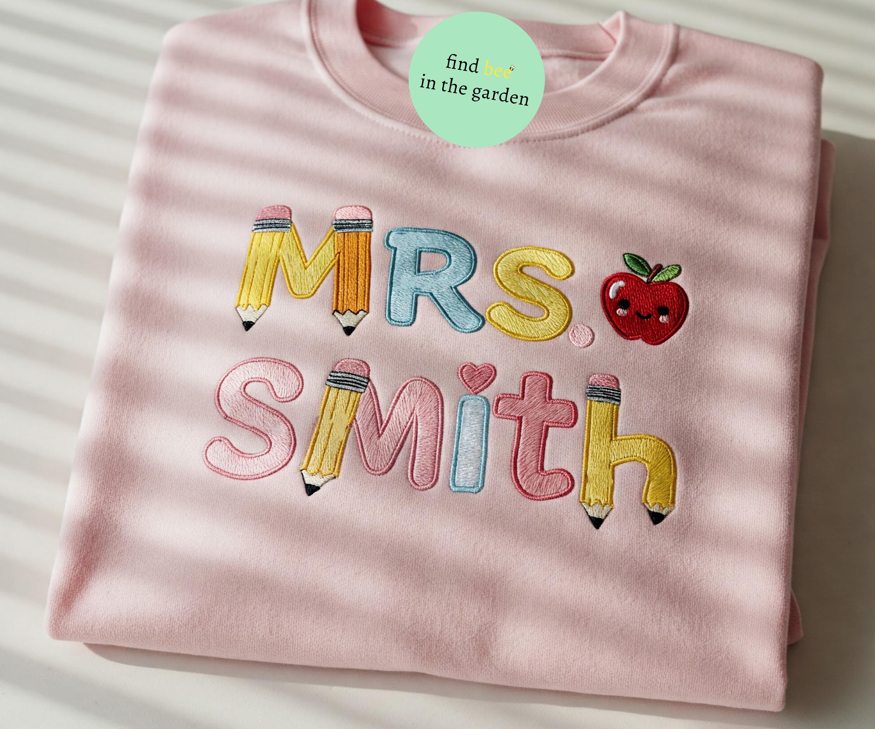 Custom Teacher Name Embroidered Sweatshirt, Teacher Appreciation gift, Crayon Teacher Sweater, Back to School Gift, Personalized Teacher Tee