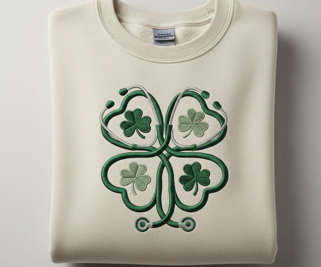 Lucky Nurse St Patrick’s Day Embroidered Sweatshirt, Shamrock Stethoscope Crewneck, Cute Irish Nurse Gift, Green Medical Pullover For Women