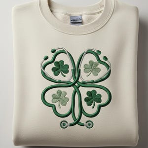Lucky Nurse St Patrick’s Day Embroidered Sweatshirt, Shamrock Stethoscope Crewneck, Cute Irish Nurse Gift, Green Medical Pullover For Women