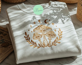 Mushroom and Moon Phase Embroidered Sweatshirt, Respect the Wildlife, Cottagecore Sweater, Magical Fungi Forest Shirt, Celestial Hoodie