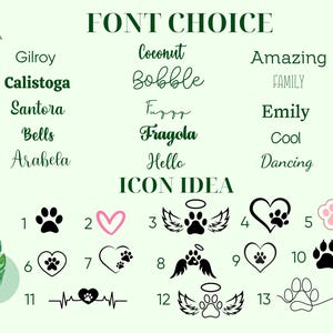 以下が含まれることがあります： 「FONT CHOICE」と「ICON IDEA」の文字が入った薄緑色のグラフィック。足跡、ハート、天使の羽など、さまざまなフォントスタイルとアイコンのアイデアが表示されています。装飾的な葉が上部と下部を縁取っています。