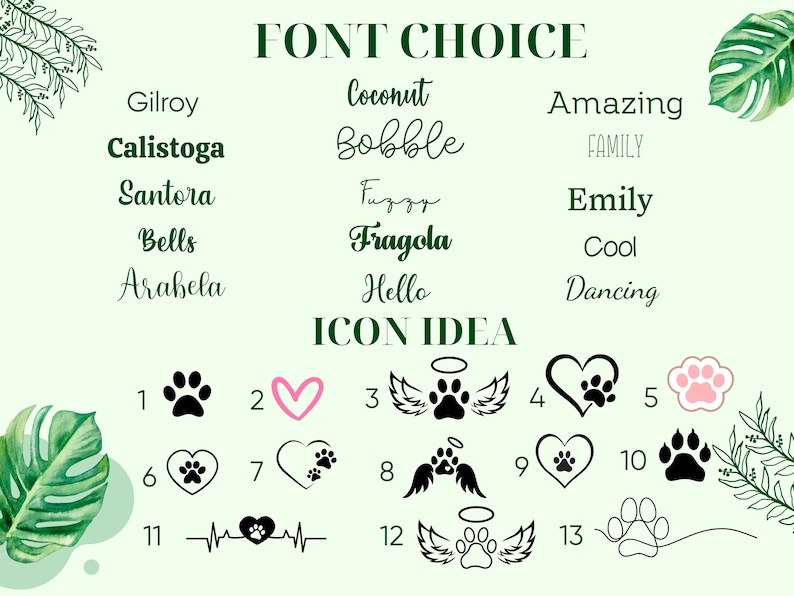 以下が含まれることがあります： 「FONT CHOICE」と「ICON IDEA」の文字が入った薄緑色のグラフィック。足跡、ハート、天使の羽など、さまざまなフォントスタイルとアイコンのアイデアが表示されています。装飾的な葉が上部と下部を縁取っています。