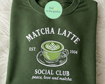 Sudadera bordada del Matcha Latte Club, bonita camiseta estética de matcha, camiseta moderna para amantes del matcha, cuello redondo con matcha helado, regalo acogedor para cafetería