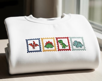 Embroidered Dinosaur Stamp Sweatshirt, Cute Dino Lover Crewneck for Kids or Adults,  Fun Gift for Dino Fans Paleontology tee