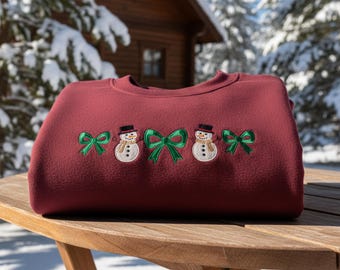 Sudadera navideña con bordado de muñeco de nieve, cuello redondo festivo de invierno, lindo suéter navideño para mujer.