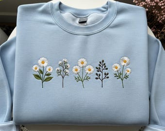 Felpa con ricamo a margherita / Felpa girocollo floreale minimale, Pullover Cottagecore, Maglione a fiori carino e accogliente, Regalo per la mamma