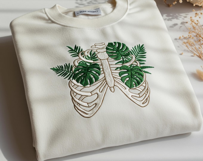 Skeleton Plant Body Embroidered Sweatshirt, Monstera Leaf Graphic Tee for Plant Lovers, Funny Nature Lover Plant Mom Gift, Tropical Shirt