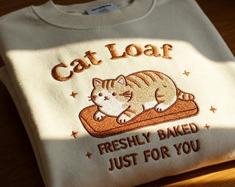 May include: A cream-colored sweatshirt with a brown embroidered cat loaf design. The text "Cat Loaf" is above the cat and "Freshly Baked Just For You" is below the cat.