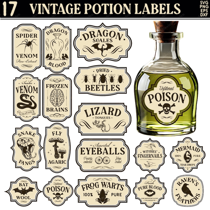 K&ouml;nnte beinhalten: Ein Set mit 17 Vintage-Potion-Etiketten mit verschiedenen gruseligen und skurrilen Zutaten, darunter Spinnen-Gift, Drachenschuppen, gefrorene Gehirne, getrocknete K&auml;fer, Eidechsenzungen, verschiedene Aug&auml;pfel, Hexen-Fingernagel, Meerjungfrauen-Tr&auml;nen, Froschwarzen und Rabenfedern. Die Etiketten sind im Vintage-Stil mit Schwarzwei&szlig;-Illustrationen und Text.
