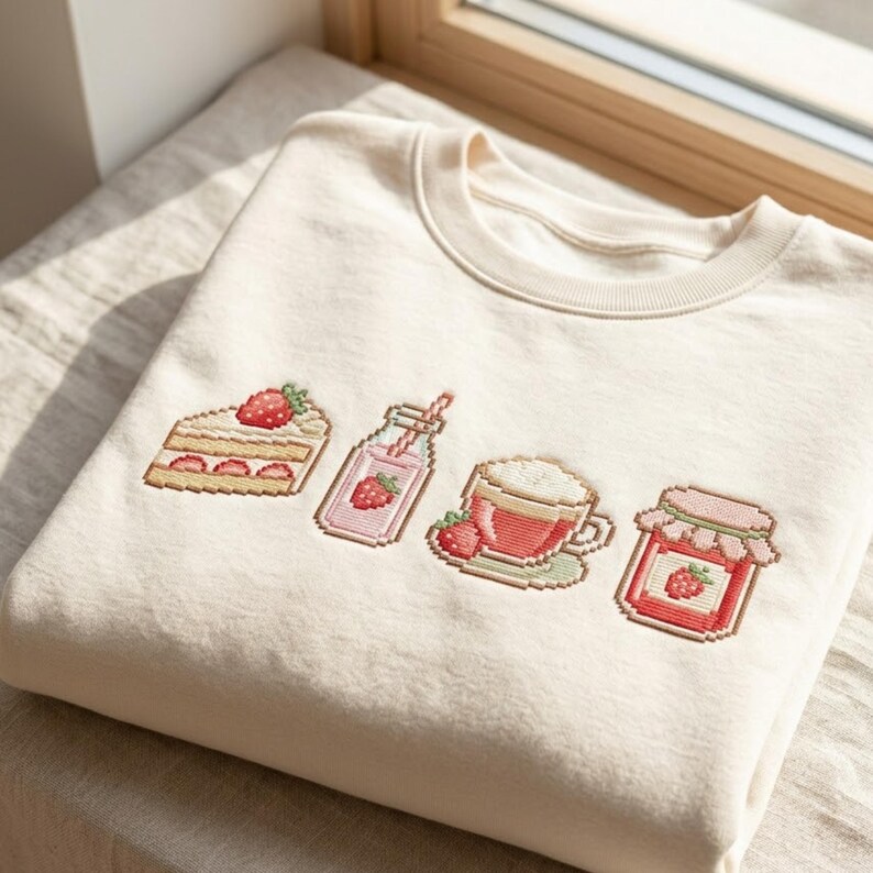 May include: Cream-colored sweatshirt with embroidered strawberry-themed designs. The designs include a slice of cake, a bottle of pink drink, a cup of coffee, and a jar of jam. The embroidery is in shades of red, pink, and beige.