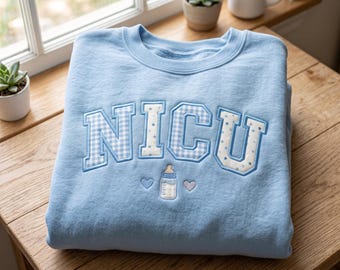 NICU Embroidered Sweatshirt, Neonatal Nurse Varsity Crewneck, Baby Blue Gingham Applique Sweatshirt, NICU Nurse Gift