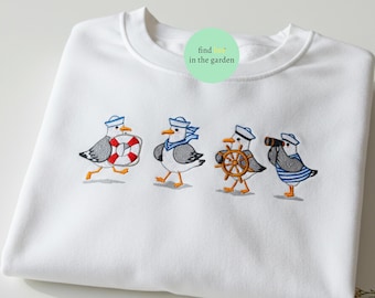 Sudadera con bordado de gaviota, divertida camiseta de gaviota, playera de pájaro playero, cuello redondo para vacaciones en la playa, regalo para amantes de las aves, sudadera costera