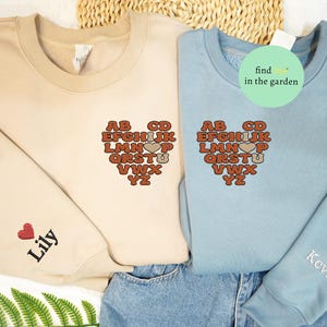 Sudadera bordada con letras a juego "Te amo" para pareja, suéter bordado con letras de corazón para San Valentín, regalo para ella, suéter con nombre para San Valentín