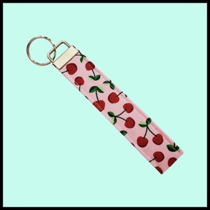 Key Chain Wristlet, Key Fob, Fabric Key Chain, Cherry Key Chain, Gift Under 10