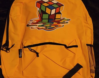 Brand New Yellow 19 inch Customised&quot;Melted Rubix Cube &quot; Heat Press Vinyl Backpack With Tags.