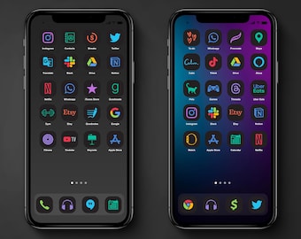 Colorful on Black App Icon Pack | iOS Theme Pack | Dark Mode App Icons | Android App Icon Cover Pack | Phone Wallpapers and Widgets |