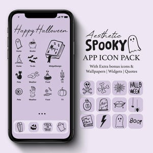 Pode incluir: Um pacote de ícones de aplicativos digitais com ilustrações temáticas de Halloween em um fundo roxo claro. O conjunto inclui ícones de fantasmas, abóboras, caveiras e livros mágicos, com o texto Happy Halloween, Aesthetic Spooky App Icon Pack.