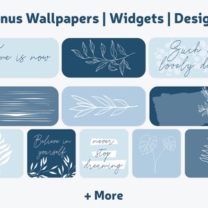 May include: A collection of digital designs featuring various botanical illustrations and inspirational quotes in a soft blue color palette. The designs include phrases like "Time is now" and "Believe in yourself."