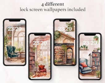 Op de afbeelding: Vier smartphones met waterverf achtergronden voor het vergrendelscherm. Elk toont een gezellige bibliotheek- of boekwinkelscène met fauteuils, boekenplanken en groen. De tijd is 23:29. Tekst: "4 verschillende vergrendelscherm wallpapers inbegrepen."