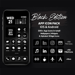 Black Edition App Icons Pack For iPhone iOS, Minimal Black App icon Theme, Black On White Thin and Filled Icons, Dark App Icons And Widgets