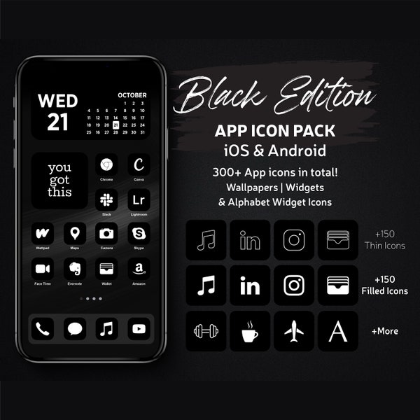 Black Edition App Icons Pack For iPhone iOS, Minimal Black App icon Theme, Black On White Thin and Filled Icons, Dark App Icons And Widgets