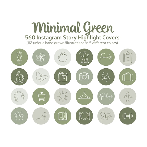 Minimal Green Aesthetic Instagram Highlight Covers, Lifestyle Highlight Story Icons, Hand Drawn Instagram Cover, Soft Green Story Highlights
