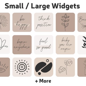 May include: A set of 12 small and large social media graphics with a minimalist aesthetic. The graphics feature various line drawings, including plants, a butterfly, an eye, a sun, and abstract shapes. The graphics also include text such as "be happy", "think positive", "begin anywhere", "feel so good", and "baby you are magic".