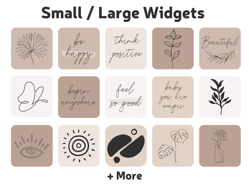 May include: A set of 12 small and large social media graphics with a minimalist aesthetic. The graphics feature various line drawings, including plants, a butterfly, an eye, a sun, and abstract shapes. The graphics also include text such as "be happy", "think positive", "begin anywhere", "feel so good", and "baby you are magic".