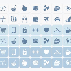 May include: A collection of blue and white icons on a light blue background. The icons include a shopping cart, phone, heart, hanger, coffee cup, rings, mixing bowl, apple, books, hearts, credit card, and sun.