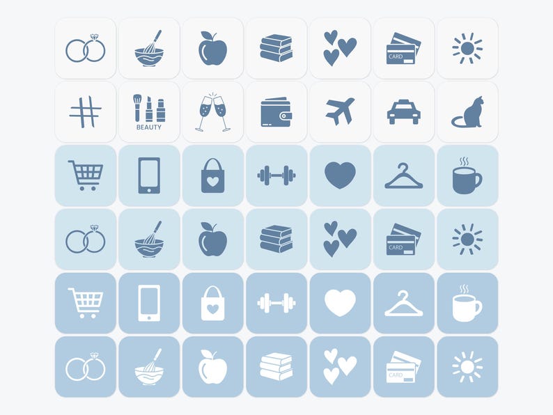 May include: A collection of blue and white icons on a light blue background. The icons include a shopping cart, phone, heart, hanger, coffee cup, rings, mixing bowl, apple, books, hearts, credit card, and sun.