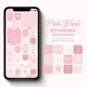 Pacchetto icone per app per telefono Pink Blush per iOS e Android / Copertine icone per app iPhone per schermata iniziale estetica / Widget e sfondi con toni rosa /