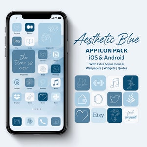 Aesthetic Blue App Icon Pack | iPhone Theme | Wallpapers, Widgets with White App Icon for Phone Homescreen | Compatible with iOS and Android