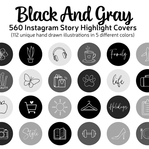 Black & Gray Instagram Story Icons Pack, White Story Highlight Covers, Grey IG Icons, Black Story Icons, Minimal White on Black Story Covers