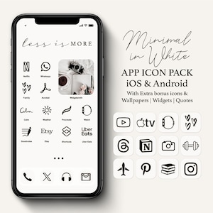 Minimal White App Icon Pack, Simple Stylish iOS Theme, Minimalist iPhone Theme for Productivity, Black On White Icons Wallpapers and Widgets