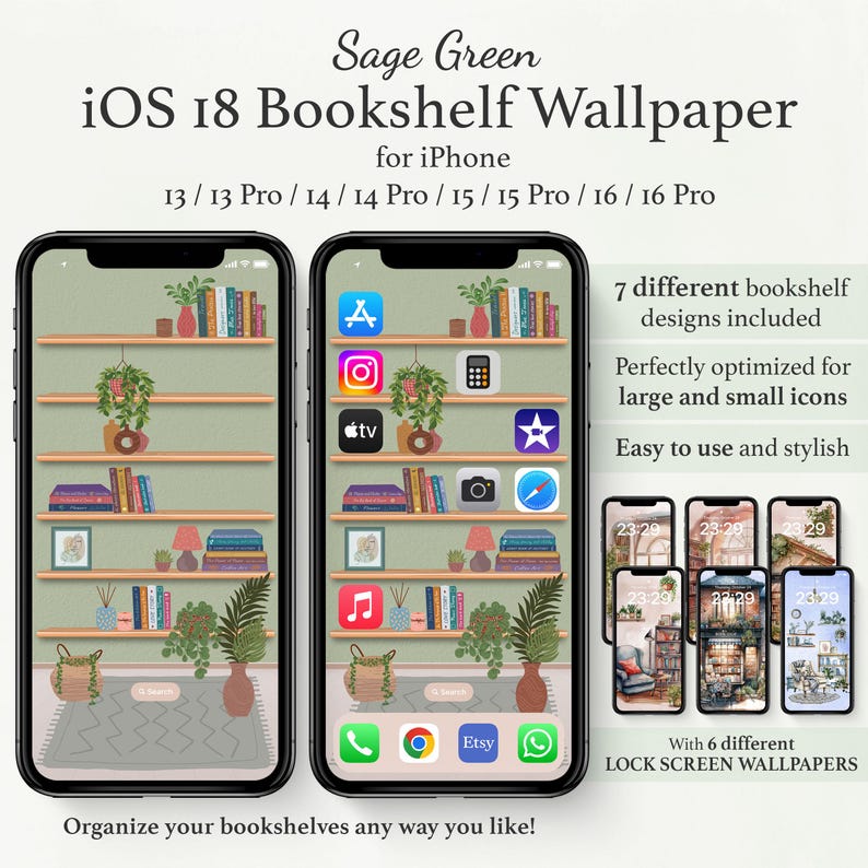 IPhone Bookshelf Green Wallpapers for Ios 18 Homescreen, Cozy Lock ...